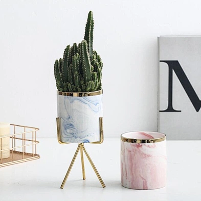 Ceramic Succulent Planter Creative Porcelain Mini  Flower Pot With Gold Black Metal Stand For Home Decor