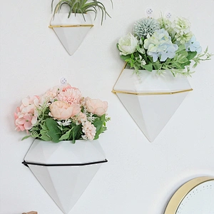 Home Decor Geometric Shaped Marble Pattern White Ceramic Succulent Wall Hanging Flower Planter Pot