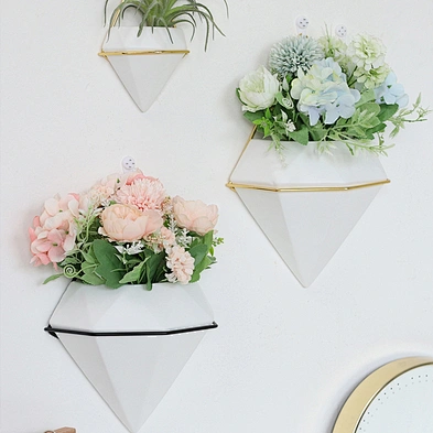 Home Decor Geometric Shaped Marble Pattern White Ceramic Succulent Wall Hanging Flower Planter Pot