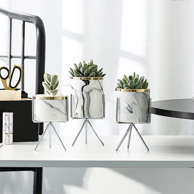 Nordic Creative Home Decoration Succulent  Marble Pattern Ceramic Flower Planter Pot With Metal Stand