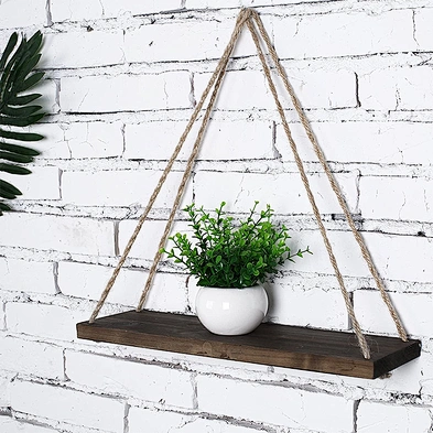 Home Decor  Set of 2 Brown Hanging Shelves Rustic Wood Hanging Swing Rope Floating Shelves