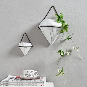Home Decor Geometric Shaped Marble Pattern White Ceramic Succulent Wall Hanging Flower Planter Pot