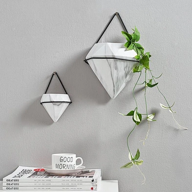 Home Decor Geometric Shaped Marble Pattern White Ceramic Succulent Wall Hanging Flower Planter Pot