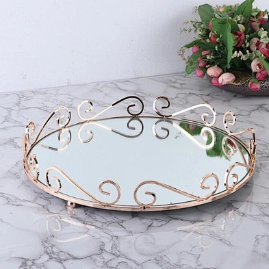 Home Decor Luxury Round Mirrored Perfume Serving Tray Gold Glass Mirror Tray For Vanity Dresser Bathroom