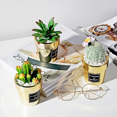 Wholesale home decoration simulation plant ceramic gold-plated cactus Potted plants