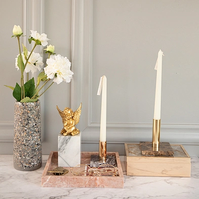Classic Style Colorful Marble Candle Stand Candlestick Pillar Candle Holders With Brass Accents