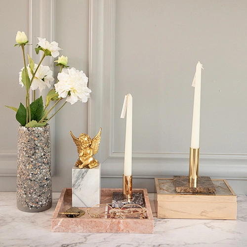 Classic Style Colorful Marble Candle Stand Candlestick Pillar Candle Holders With Brass Accents