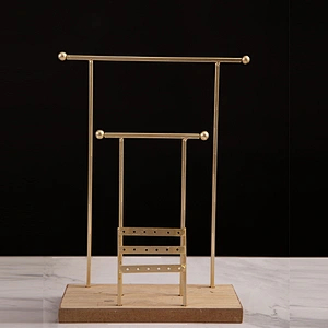 2-Tier Metal Gold Earring Necklace Bracelet Jewelry Organizer Stand with wooden base