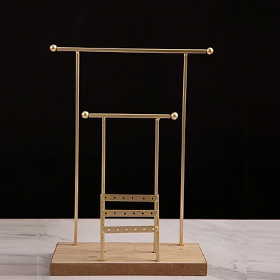 2-Tier Metal Gold Earring Necklace Bracelet Jewelry Organizer Stand with wooden base