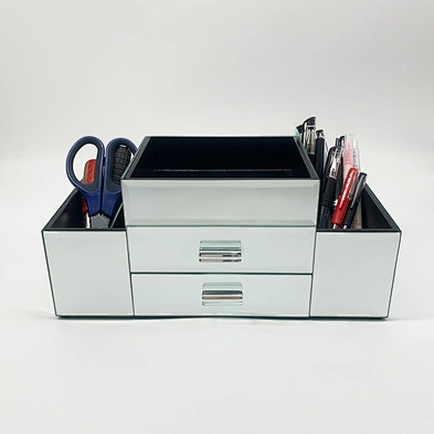 Home Deluxe Silver Mirror Jewelry Organizer Box Modern Desktop Cosmetic Makeup Storage Box With 2 Drawer Tiered