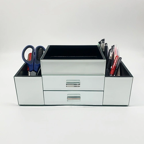 Home Deluxe Silver Mirror Jewelry Organizer Box Modern Desktop Cosmetic Makeup Storage Box With 2 Drawer Tiered