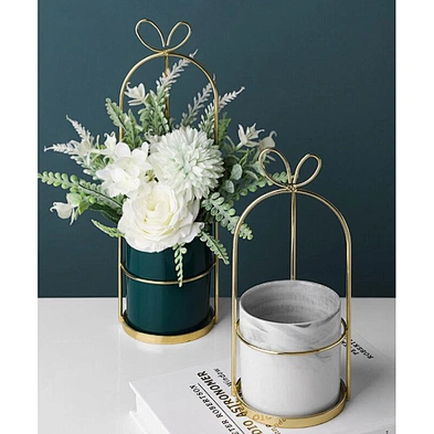 Wrought iron succulent flower pot simple nordic vase iron frame flower stand ceramic hydroponic gilded flower pot