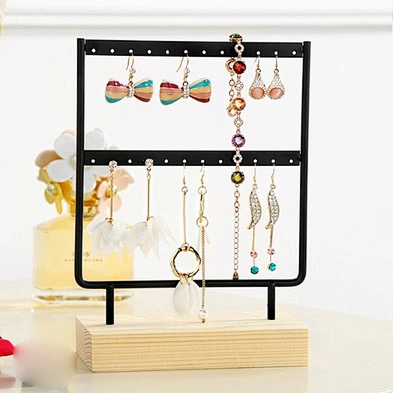 Earring Holder Jewelry Organizer 2 Layers Black Metal Jewelry Display Stand Rack with Wood Base