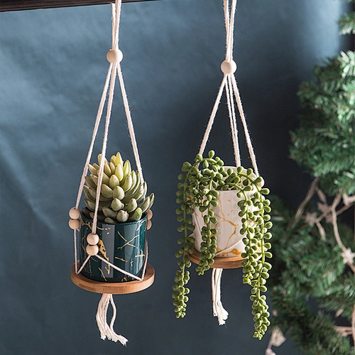 Indoor Outdoor Decor Colorful Ceramic Hanging Succulent Cactus Planter Pot With Cotton Rope Hanger