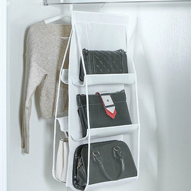 6 Pocket Foldable Hanging Handbag Organizer Clear 3 Layers Hanging Shelf Organizer Door Sundry Pocke Collection Storage Holder
