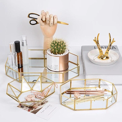 Mirror Tray Glass Tabletop Perfume Vanity Home Decor Jewelry Metallic Gold Metal Mirror Decorative Tray