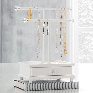 Customized white metal T-bar necklace jewelry display stand with drawer