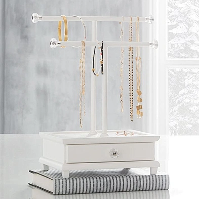 Customized white metal T-bar necklace jewelry display stand with drawer