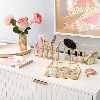 Gold Glass Metal Decorative Divided Desktop Organizer Portable Desk Organizer For Cosmetic Office Supplies