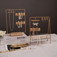 Customized 2-Tier T Shaped Jewelry Organizer Gold Metal Jewelry Necklace Bracelet Holder With Acrylic Tray