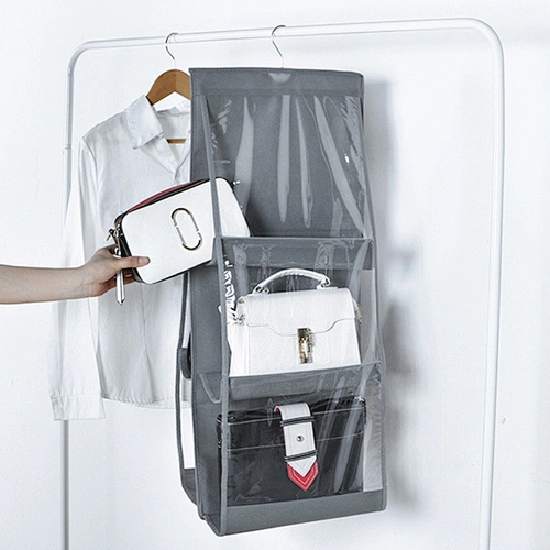 6 Pocket Foldable Hanging Handbag Organizer Clear 3 Layers Hanging Shelf Organizer Door Sundry Pocke Collection Storage Holder