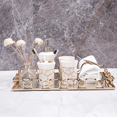 Gold Mirror Dessert Display Tray Perfume Dresser Vanity Tray Metal Decorative Makeup Tray