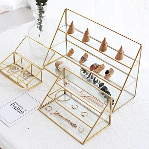 Nordic retro cosmetics jewelry earrings counter display box polygon three-layer glass jewelry storage box