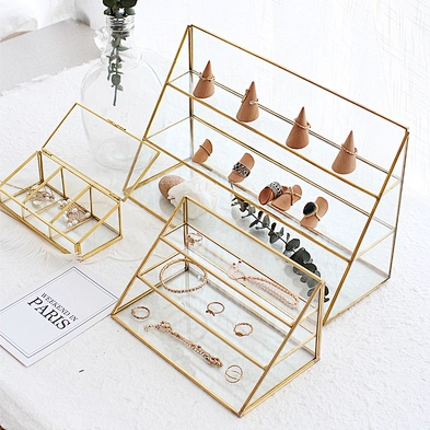 Nordic retro cosmetics jewelry earrings counter display box polygon three-layer glass jewelry storage box