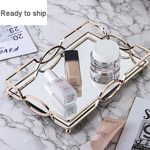 Home Decor Gold Mirror Tray Decorative Glass Table Top Perfume Vanity Metal Jewelry Makeup Mirror Tray Organizer