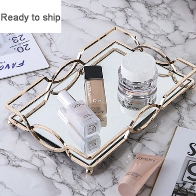 Home Decor Gold Mirror Tray Decorative Glass Table Top Perfume Vanity Metal Jewelry Makeup Mirror Tray Organizer