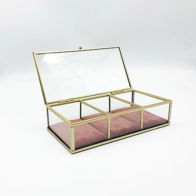 Decorative 3 Compartment Glass Jewelry Box Glass Trinket Jewellery Box Jewelry Gift Box With Gold Metal Frame