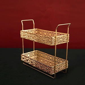 Multifunctional Standing Type Double Gold Metal Jewelry Tabletop Storage Rack Cosmetic Storage Shelf Rack