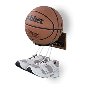 Wall Mounted Rustic Burnt Wood Black Metal Sports Ball Holder Display Rack with 5 Equipment Hanger Hooks