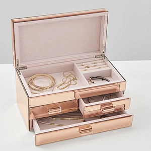 Glass Rose Gold Jewellery Box Custom Logo Jewelry Box Organizer Mirrored Jewelry Box With Drawers