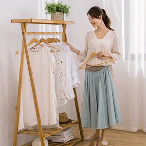 Bamboo Coat Clothes Hanging Heavy Duty Garment Rack with top Shelf and Shoe Clothing Storage Organizer Shelves