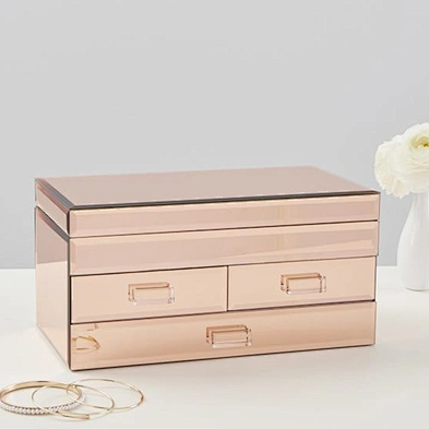 Glass Rose Gold Jewellery Box Custom Logo Jewelry Box Organizer Mirrored Jewelry Box With Drawers