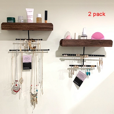Set of 2 Rustic Style Wall Mounted Wood Jewelry Holder Display Organizer For Necklaces Earrings Bracelet