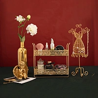 Multifunctional Standing Type Double Gold Metal Jewelry Tabletop Storage Rack Cosmetic Storage Shelf Rack