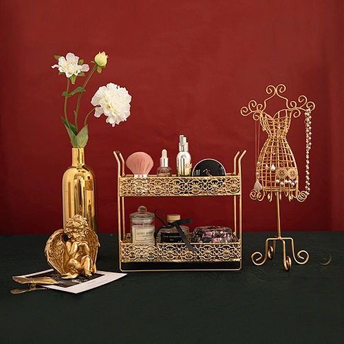 Multifunctional Standing Type Double Gold Metal Jewelry Tabletop Storage Rack Cosmetic Storage Shelf Rack