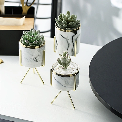 Nordic Creative Home Decoration Succulent  Marble Pattern Ceramic Flower Planter Pot With Metal Stand