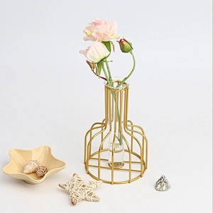 2020 amazon hot sale High quality Metal Frame Wrought Iron Flower Glass Vase Decorative metal wire flower vase For Home Decor