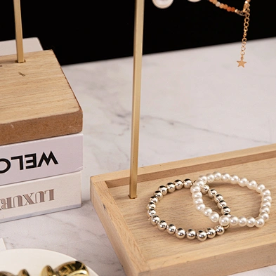 2-Tier Metal Gold Earring Necklace Bracelet Jewelry Organizer Stand with wooden base