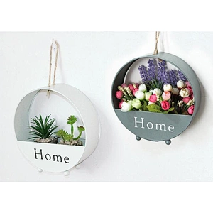 Home Decor Round Shape Wall Hanging Iron Artificial Flower Pot Planter Basket with Braided Rope Handles