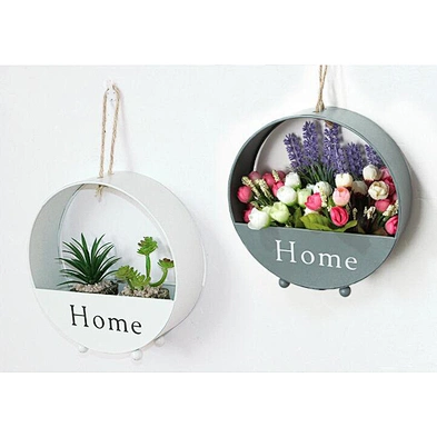 Home Decor Round Shape Wall Hanging Iron Artificial Flower Pot Planter Basket with Braided Rope Handles