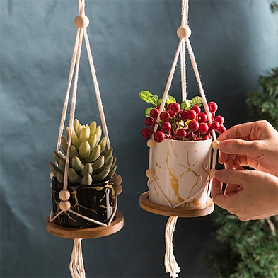 Indoor Outdoor Decor Colorful Ceramic Hanging Succulent Cactus Planter Pot With Cotton Rope Hanger