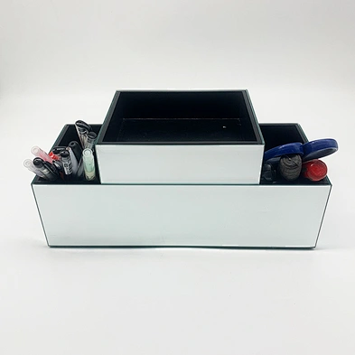 Home Deluxe Silver Mirror Jewelry Organizer Box Modern Desktop Cosmetic Makeup Storage Box With 2 Drawer Tiered