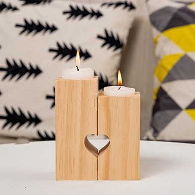 Christmas Gift Set of 2 Home Decor Heart-shaped Romantic Cute Decorative Wood Tea Light Candle Holders
