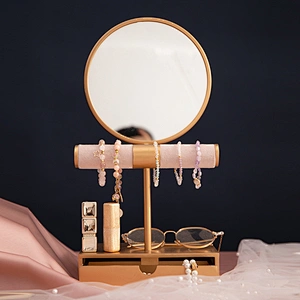 Home Decor Fashion Vintage Round Makeup Cosmetic Vanity Mirror With Jewelry Storage Box Pink T-Shaped Bracelet Holder