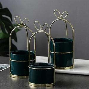 Wrought iron succulent flower pot simple nordic vase iron frame flower stand ceramic hydroponic gilded flower pot
