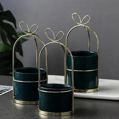 Wrought iron succulent flower pot simple nordic vase iron frame flower stand ceramic hydroponic gilded flower pot